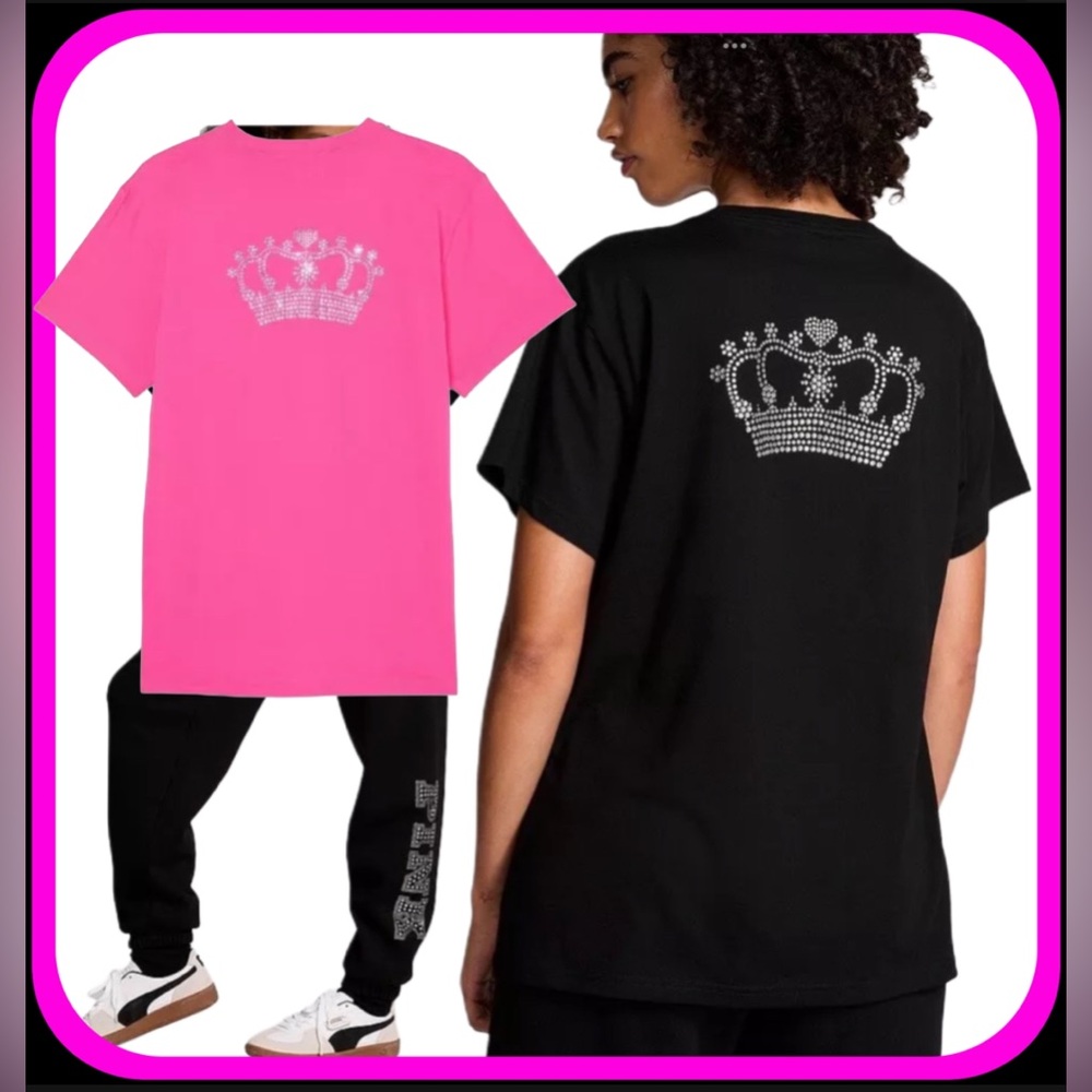 NEW VICTORIAS SECRET PINK BLING CAMPUS TEE SHIRT BLACK OR PINK XS~XXL CROWN